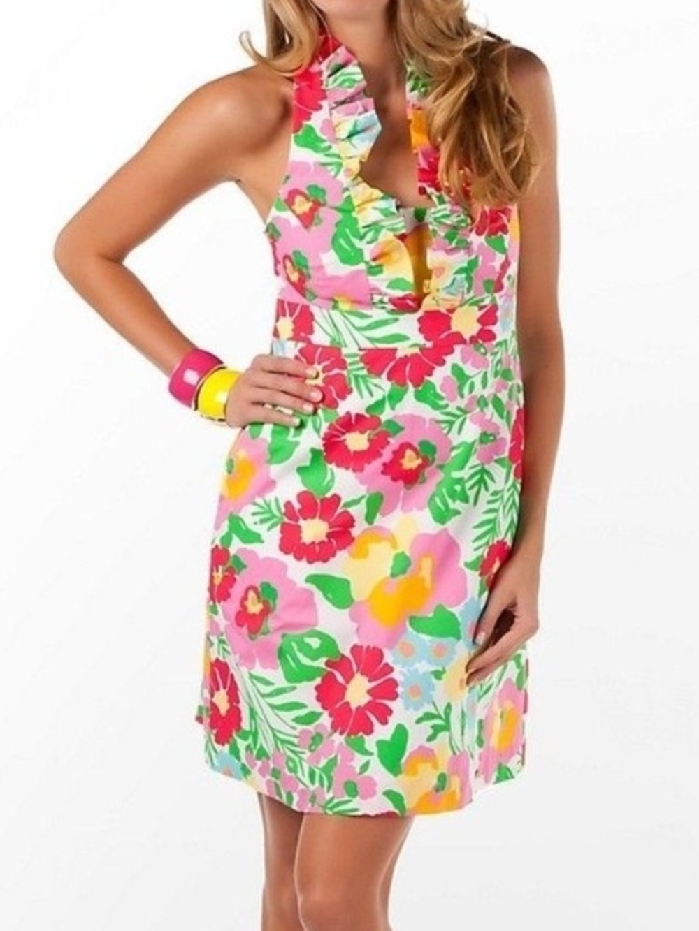 Lilly Pulitzer Pink Floral Halter Mini Dress with Green & Yellow Accents